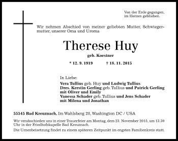 Traueranzeige von Therese Huy von  Allg. Zeitung Bad Kreuznach
