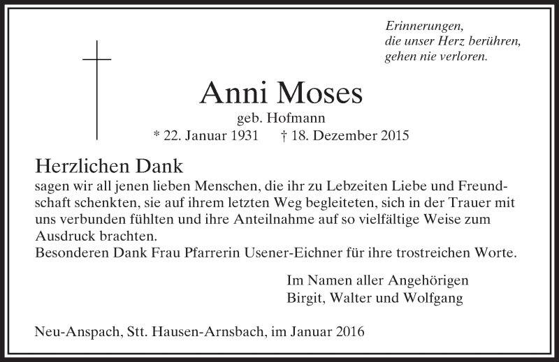  Traueranzeige für Anni Moses vom 09.01.2016 aus  Usinger Anzeiger