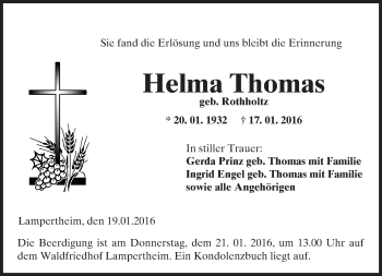 Traueranzeige von Helma Thomas von  Bürstädter Zeitung