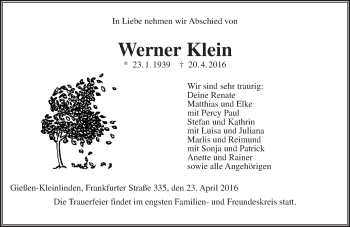 Traueranzeige von Werner Klein von  Gießener Anzeiger