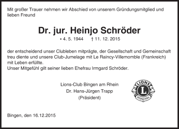 Traueranzeige von Heinjo Schröder von  Allgemeine  Zeitung Ingelheim-Bingen