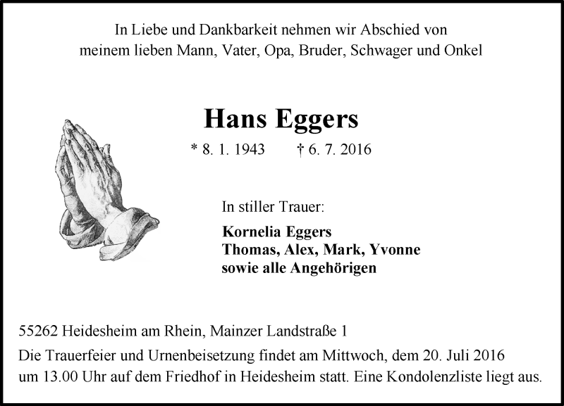  Traueranzeige für Hans Eggers vom 16.07.2016 aus Trauerportal Rhein Main Presse
