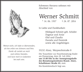 Traueranzeige von Werner Schmitt von Trauerportal Rhein Main Presse