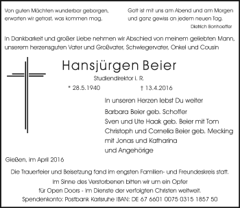 Traueranzeige von Hansjürgen Beier von  Kreisanzeiger