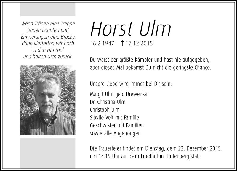  Traueranzeige für Horst Ulm vom 19.12.2015 aus  Gießener Anzeiger