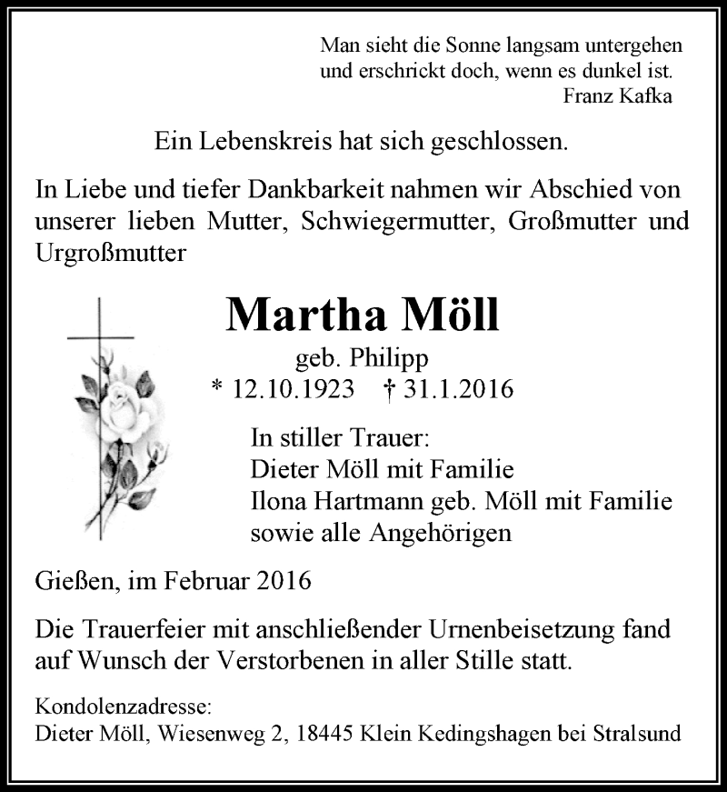  Traueranzeige für Martha Möll vom 20.02.2016 aus  Gießener Anzeiger