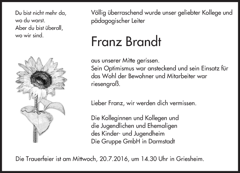  Traueranzeige für Franz Brandt vom 16.07.2016 aus Trauerportal Echo Online