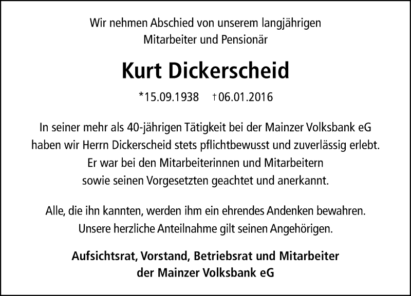  Traueranzeige für Kurt Dickerscheid vom 16.01.2016 aus trauer.rmp.de