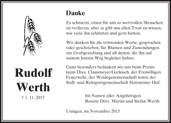 Traueranzeige von Rudolf Werth von  Usinger Anzeiger