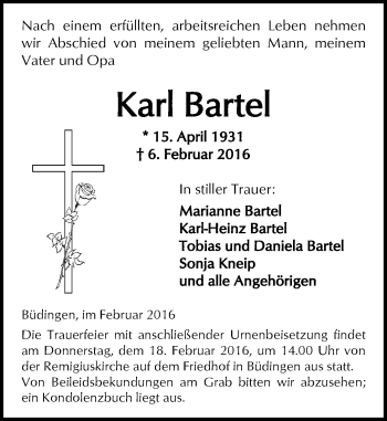 Traueranzeige von Karl Bartel von  Kreisanzeiger
