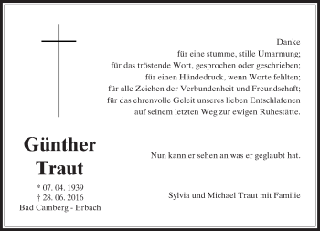 Traueranzeige von Günther Traut von  Camberger Anzeiger