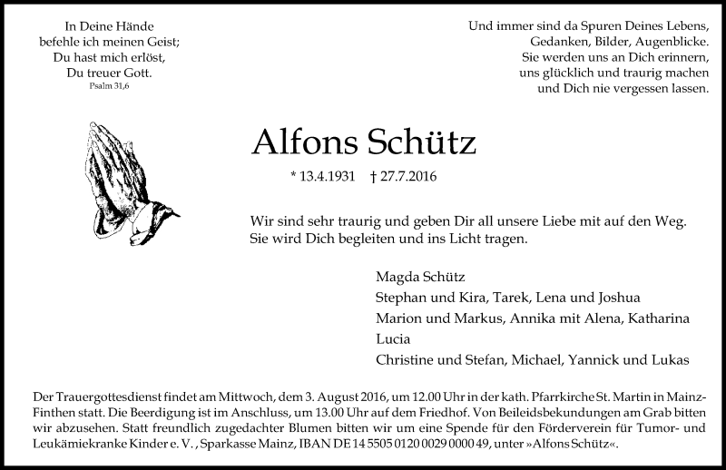  Traueranzeige für Alfons Schütz vom 30.07.2016 aus Trauerportal Rhein Main Presse