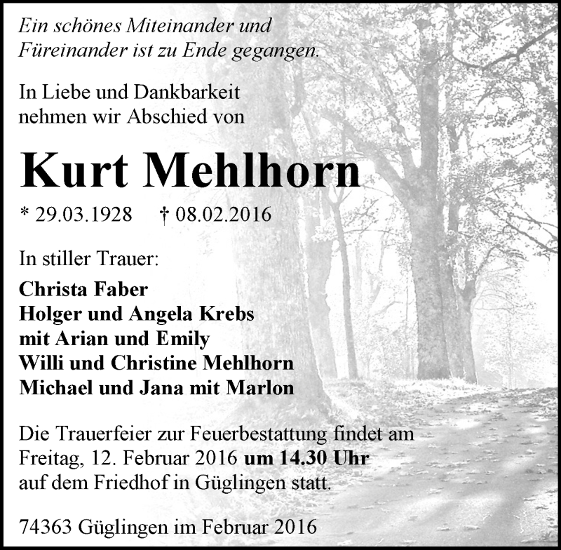  Traueranzeige für Kurt Mehlhorn vom 10.02.2016 aus  Allgemeine Zeitung Alzey