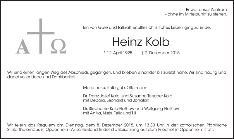  Traueranzeige für Heinz Kolb vom 05.12.2015 aus  Landskrone