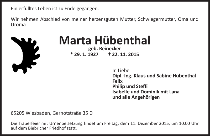  Traueranzeige für Marta Hübenthal vom 05.12.2015 aus  Wiesbaden komplett