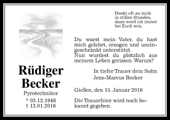 Traueranzeige von Rüdiger Becker von  Gießener Anzeiger