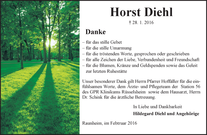  Traueranzeige für Horst Diehl vom 20.02.2016 aus  Mainspitze