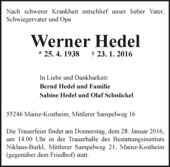 Traueranzeige von Werner Hedel von  Allgemeine Zeitung Mainz