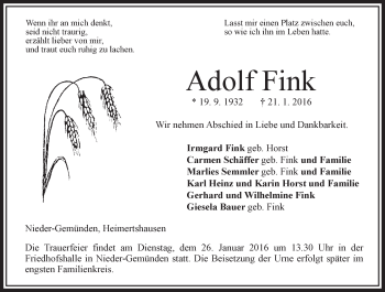 Traueranzeige von Adolf Fink von VRM Trauer