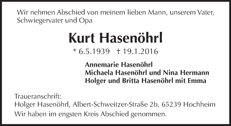  Traueranzeige für Kurt Hasenöhrl vom 23.01.2016 aus  Wiesbaden komplett
