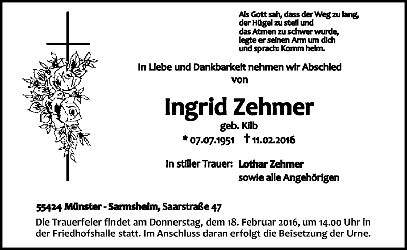  Traueranzeige für Ingrid Zehmer vom 15.02.2016 aus  Allgemeine  Zeitung Ingelheim-Bingen