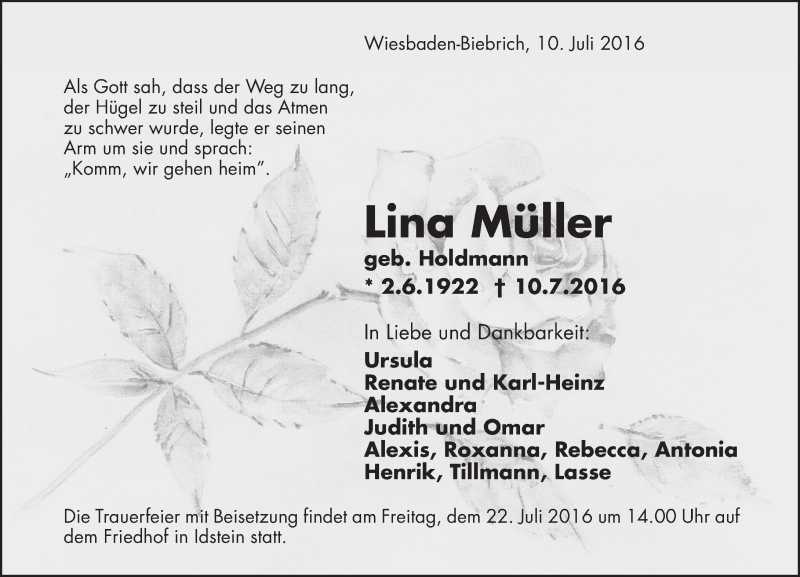  Traueranzeige für Lina Müller vom 16.07.2016 aus Trauerportal Rhein Main Presse