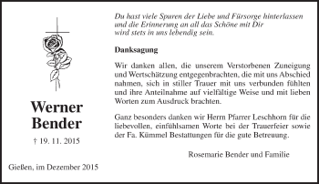 Traueranzeige von Werner Bender von  Gießener Anzeiger