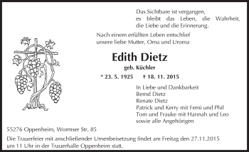 Traueranzeige von Edith Dietz von  Landskrone