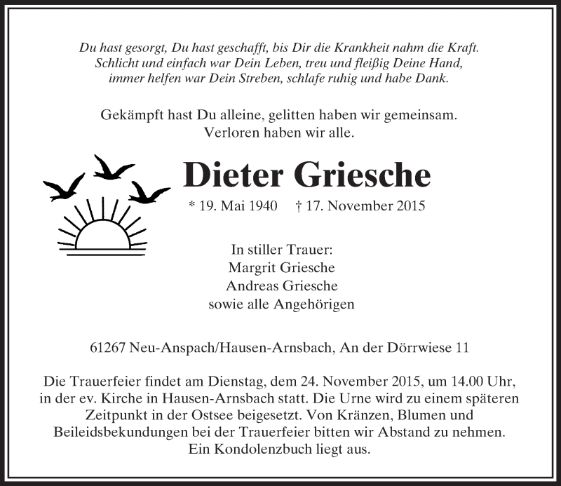  Traueranzeige für Dieter Griesche vom 21.11.2015 aus  Usinger Anzeiger