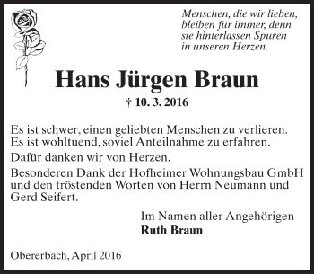 Traueranzeige von Hans Jürgen Braun von  Hofheimer Zeitung