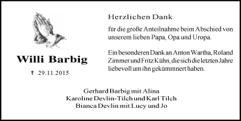 Traueranzeige von Willi Barbig von  Wiesbaden komplett