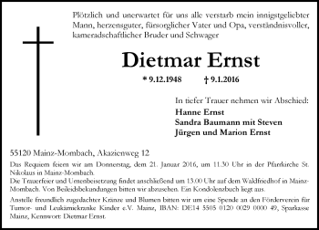 Traueranzeige von Dietmar Ernst von  Allgemeine Zeitung Mainz