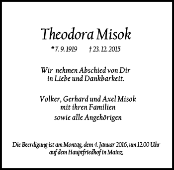 Traueranzeige von Theodora Misok von  Allgemeine Zeitung Mainz