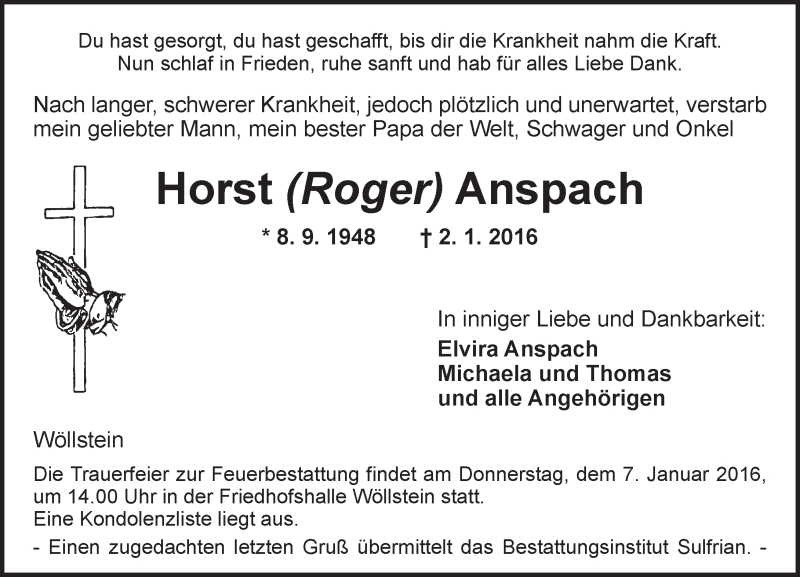  Traueranzeige für Horst  Anspach vom 05.01.2016 aus  Allgemeine Zeitung Alzey