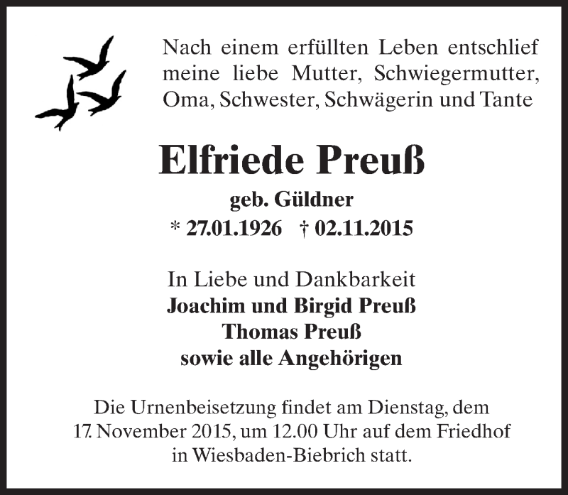  Traueranzeige für Elfriede Preuß vom 14.11.2015 aus  Wiesbaden komplett