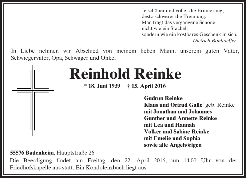  Traueranzeige für Reinhold Reinke vom 19.04.2016 aus  Allgemeine  Zeitung Ingelheim-Bingen
