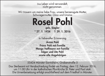 Traueranzeige von Rosel Pohl von  Allgemeine  Zeitung Ingelheim-Bingen