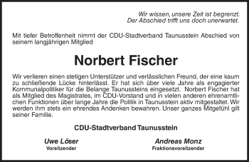Traueranzeige von Norbert Fischer von  WK-UTA/Aar-Bote