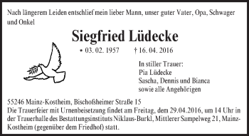 Traueranzeige von Siegfried Lüdecke von  Allgemeine Zeitung Mainz