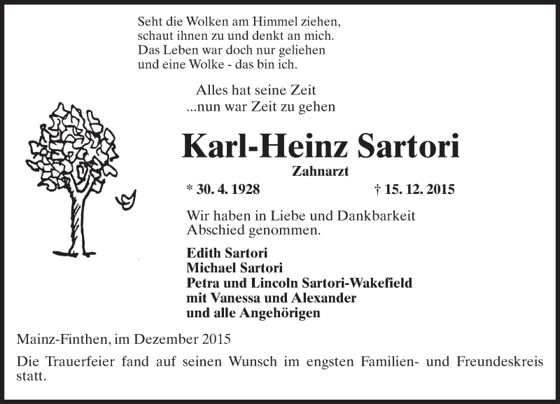  Traueranzeige für Karl-Heinz Sartori vom 30.12.2015 aus  Allgemeine Zeitung Mainz