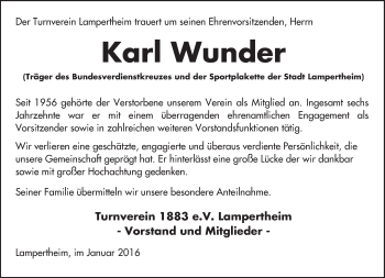 Traueranzeige von Karl Wunder von  Bürstädter Zeitung