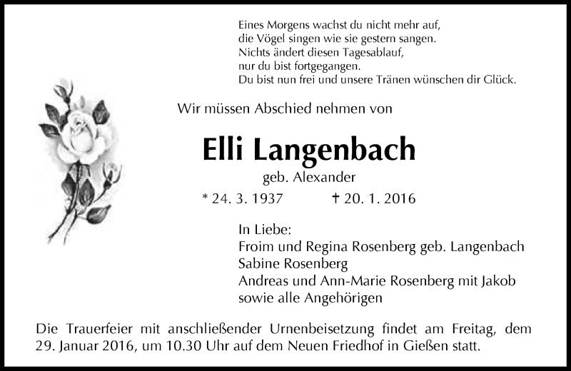  Traueranzeige für Elli Langenbach vom 23.01.2016 aus  Gießener Anzeiger