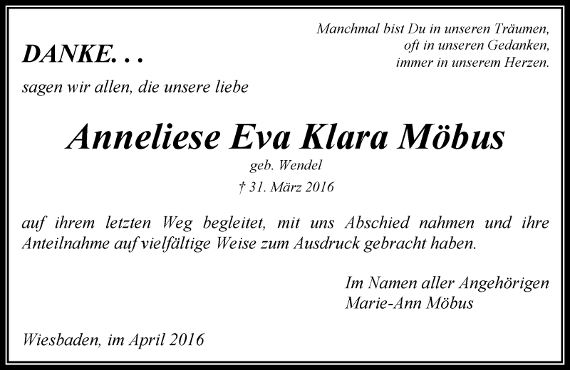  Traueranzeige für Anneliese Eva Klara Möbus vom 23.04.2016 aus  Wiesbaden komplett