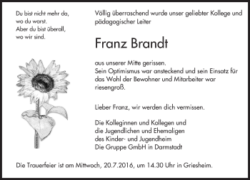Traueranzeige von Franz Brandt von Trauerportal Echo Online