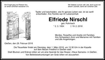 Traueranzeige von Elfriede Nirschl von  Gießener Anzeiger