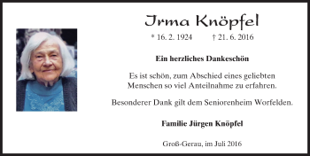 Traueranzeige von Irma Knöpfel von Trauerportal Echo Online
