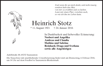Traueranzeige von Heinrich Stotz von  Wiesbaden komplett