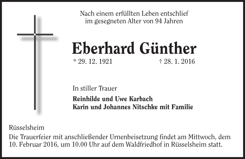  Traueranzeige für Eberhard Günther vom 06.02.2016 aus  Mainspitze