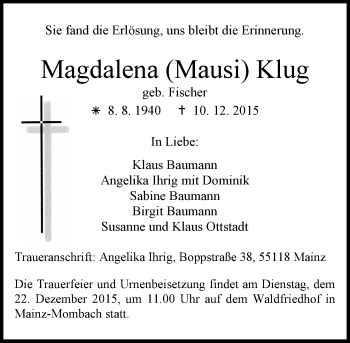 Traueranzeige von Magdalena Klug von  Allgemeine Zeitung Mainz
