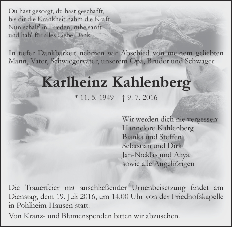  Traueranzeige für Karlheinz Kahlenberg vom 15.07.2016 aus  Gießener Anzeiger